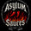Asylum Sauces logo with red peppers and flames on a black background